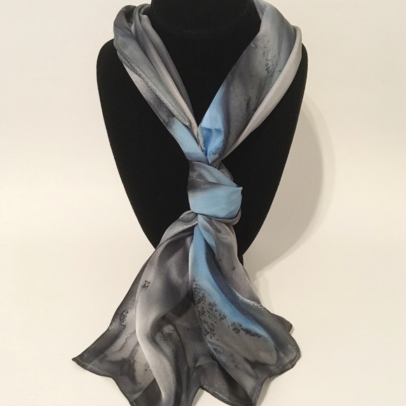 Hand Painted Silk Scarf Light Blue Charcoal Silver - Picture 3 of 5